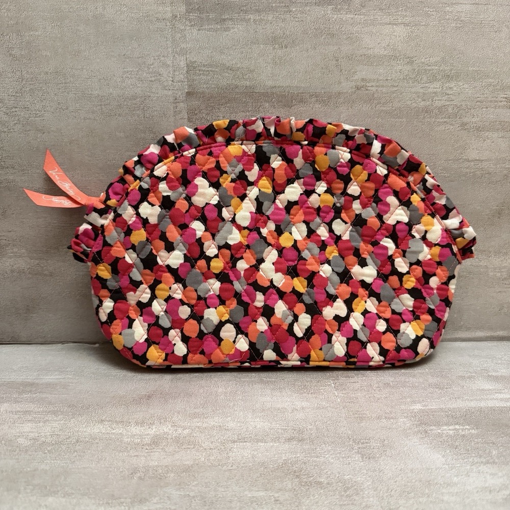 Vera Bradley Large Ruffle Cosmetic MakeUp Bag Pink Orange White Polka-dots